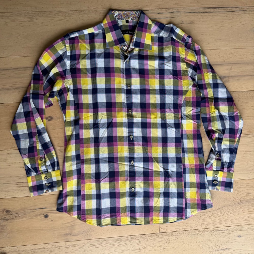Jared Lang Mens Plaid Button Down Shirt Multi Color Paisley Trim Cotton Large